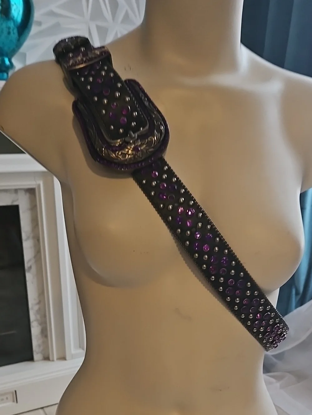Blacl Leather  Belt With Purple Crystal all Over And Gunmetal Hardware.